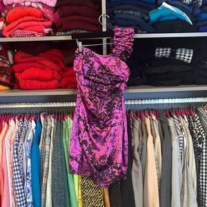 Ruby Rose fuchsia with black print overlay one shoulder mini dress size 5